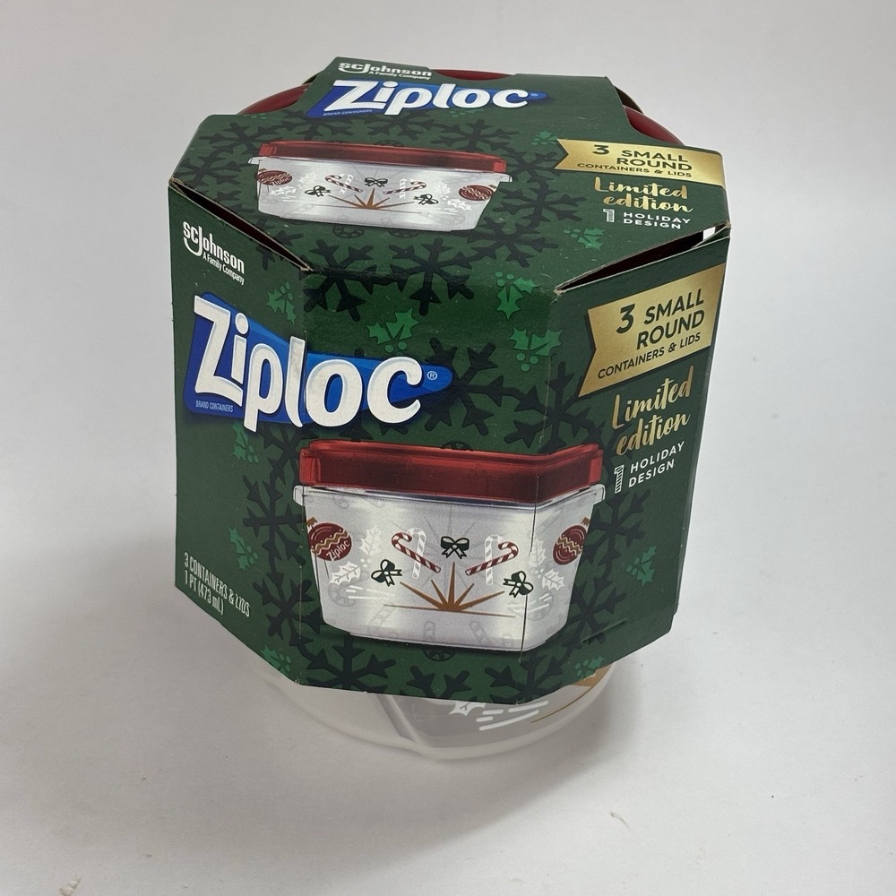 New Ziploc Holiday Design 3 Count 1-Pint Containers & Lids Candy Cane Ornaments